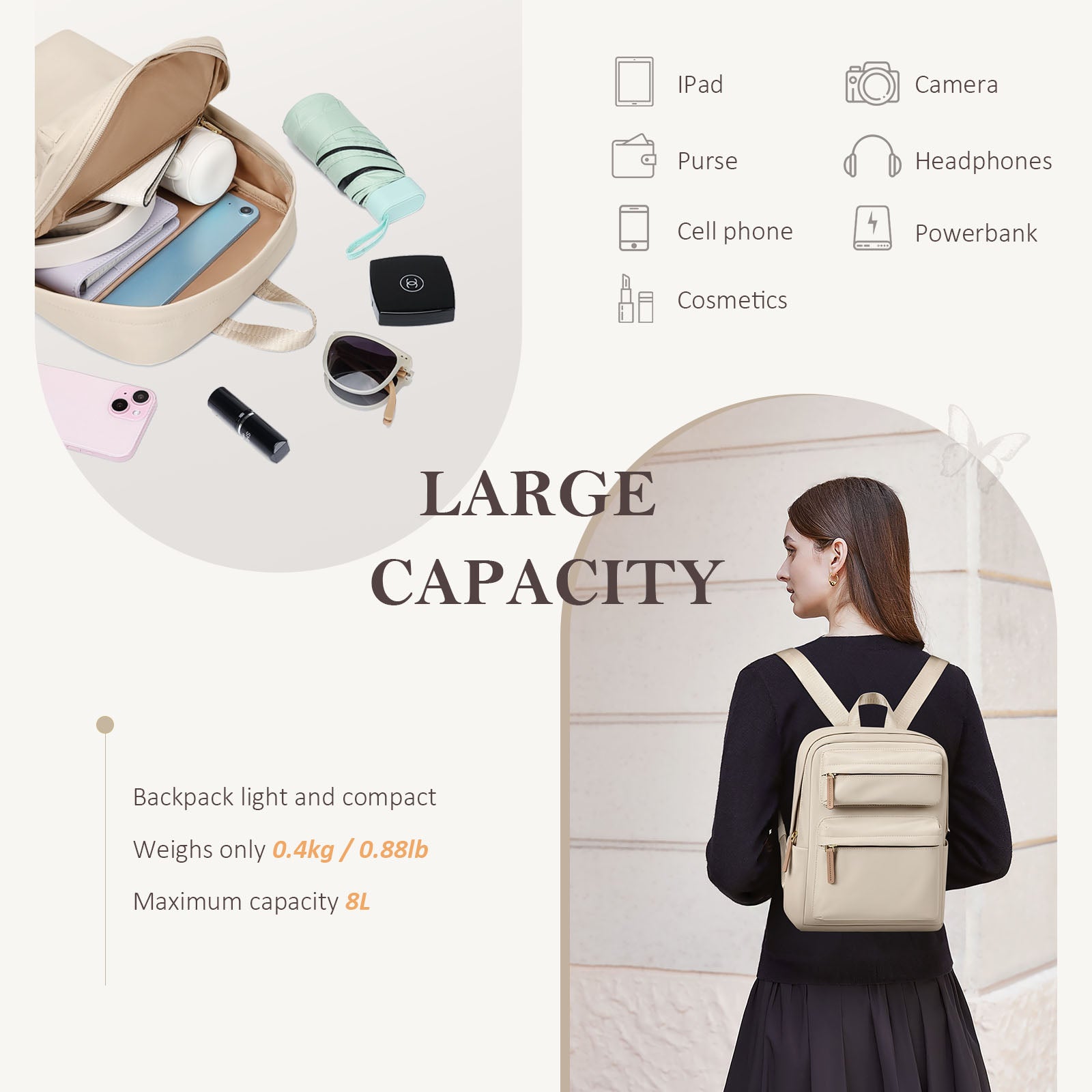 Mini Backpack for Women Lightweight Small Waterproof Backpack Purses Daily Daypack,fit 10.2Inch iPad,Apricot